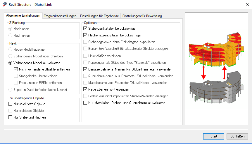 Einstellungen für Bauprojekte im Konstruktionsbereich mit spezifischen Parametern und Details.