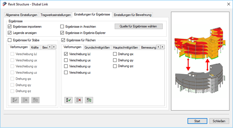 Dialog zur Auswahl der Ergebniseinstellungen in ingenieurtechnischer Software