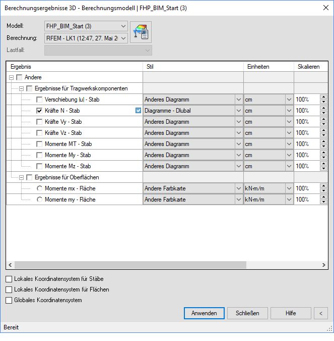 Visualisierung der Ergebnisgrößen von Stäben und Flächen in einer Struktur, dargestellt in verschiedenen Farbabstufungen.