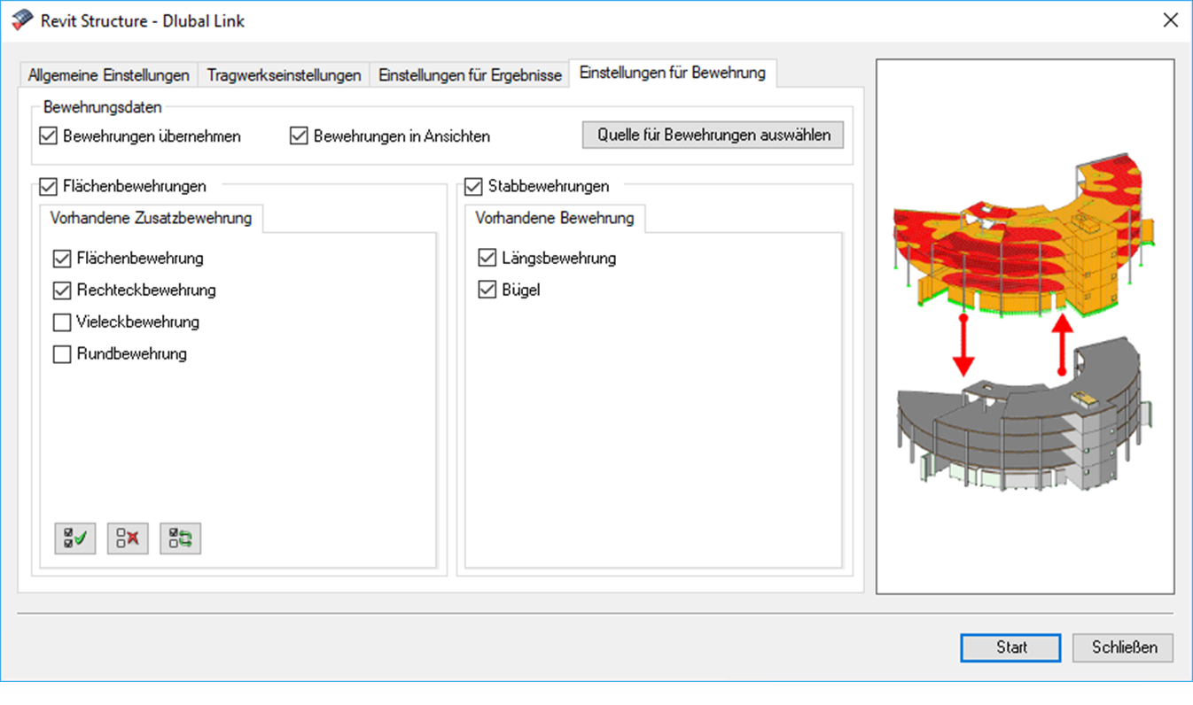 Detailansicht der Bewehrungseinstellungen in einer Konstruktionssoftware, zeigt Optionen zur Anpassung der Bewehrungsparameter.