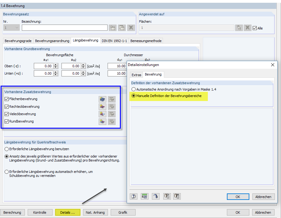 Detailansicht zur Definition der Bewehrung für Tragwerke in einer strukturellen Analyse-Software.