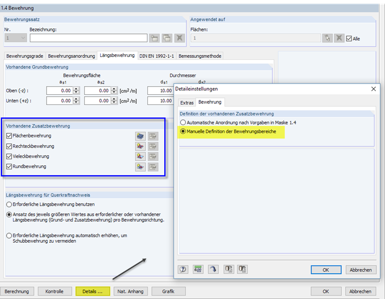 Detailansicht zur Definition der Bewehrung für Tragwerke in einer strukturellen Analyse-Software.