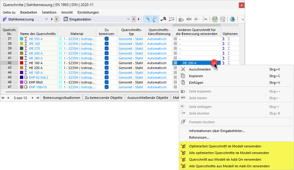 Kontextmenü mit Optionen zum Exportieren oder Importieren des Querschnitts