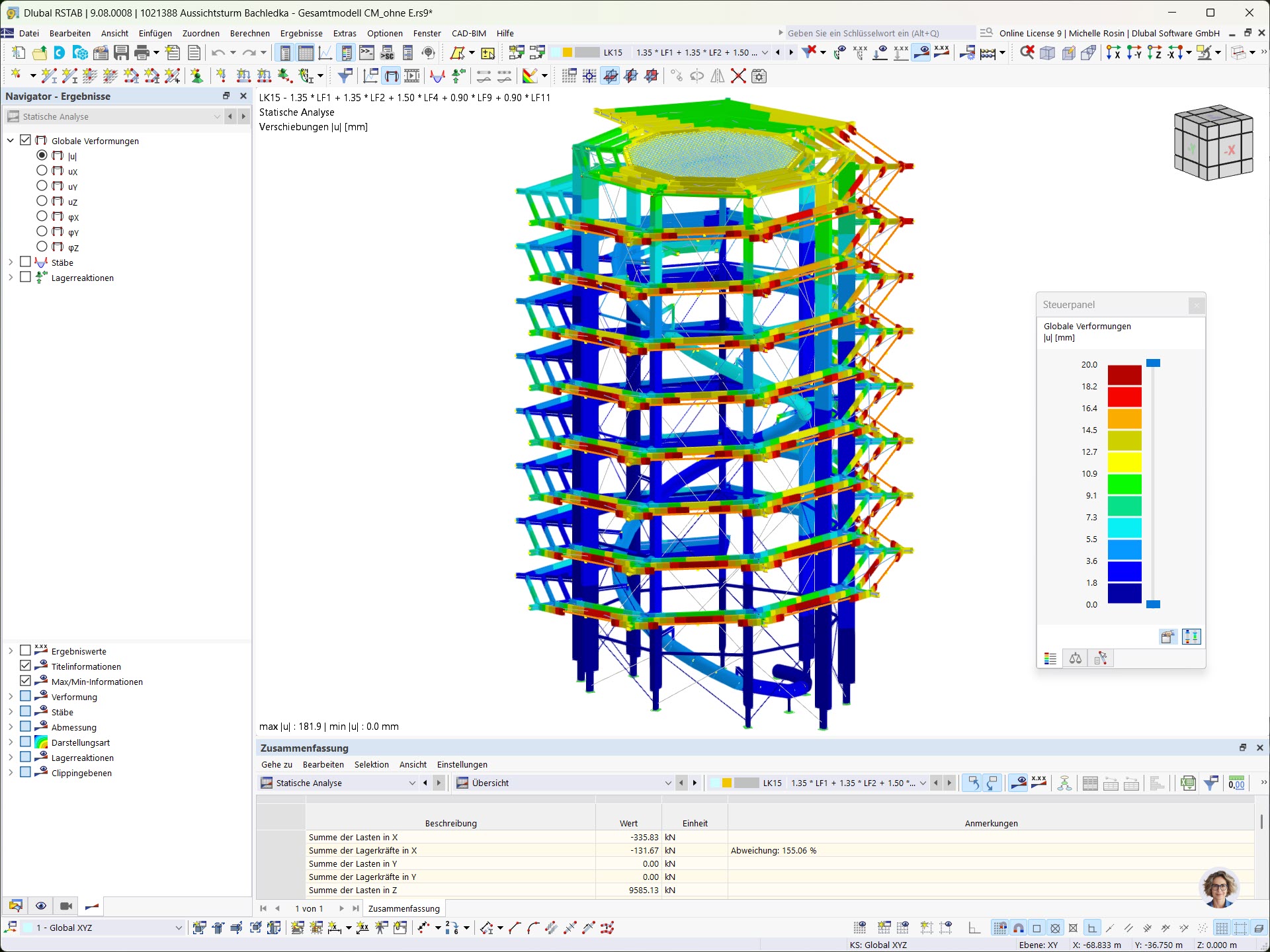 3D-Modell eines Aussichtsturms mit Verformungen