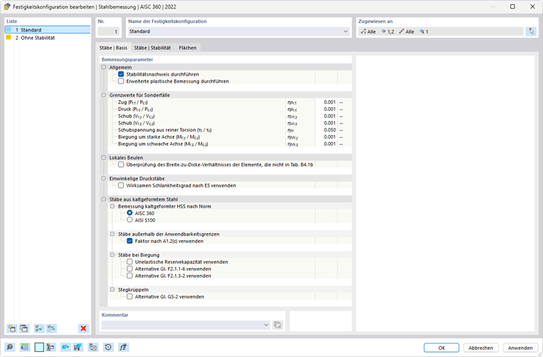 Dialog 'Festigkeitskonfiguration bearbeiten' für Stahlbemessung nach AISC 360