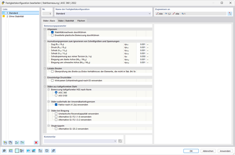 Dialog 'Festigkeitskonfiguration bearbeiten' für Stahlbemessung nach AISC 360