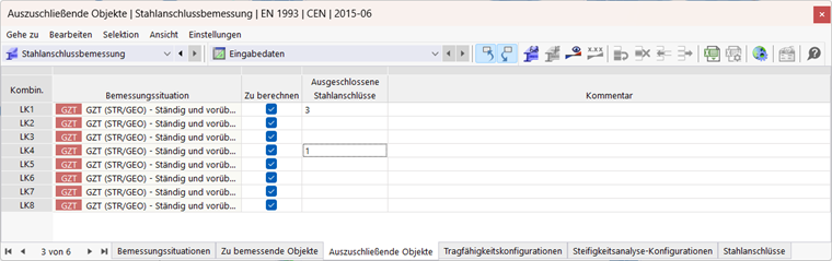 Tabelle 'Auszuschließende Objekte' für Stahlbemessung