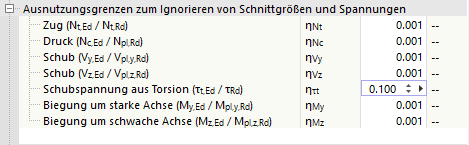 Ausnutzungsgrenzen zum Ignorieren von Schnittgrößen und Spannungen festlegen