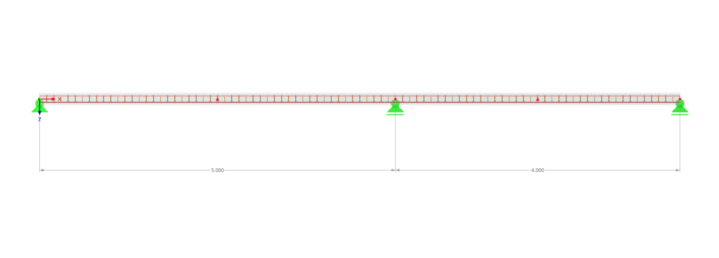 Statisches System mit Zweifeldträger, Spannweite Feld 1: 5 m, Feld 2: 4 m.