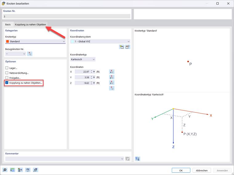 Das Auswahlfeld zur Kopplung zu nahen Objekten wird beim Bearbeiten eines Knotens ausgewählt.