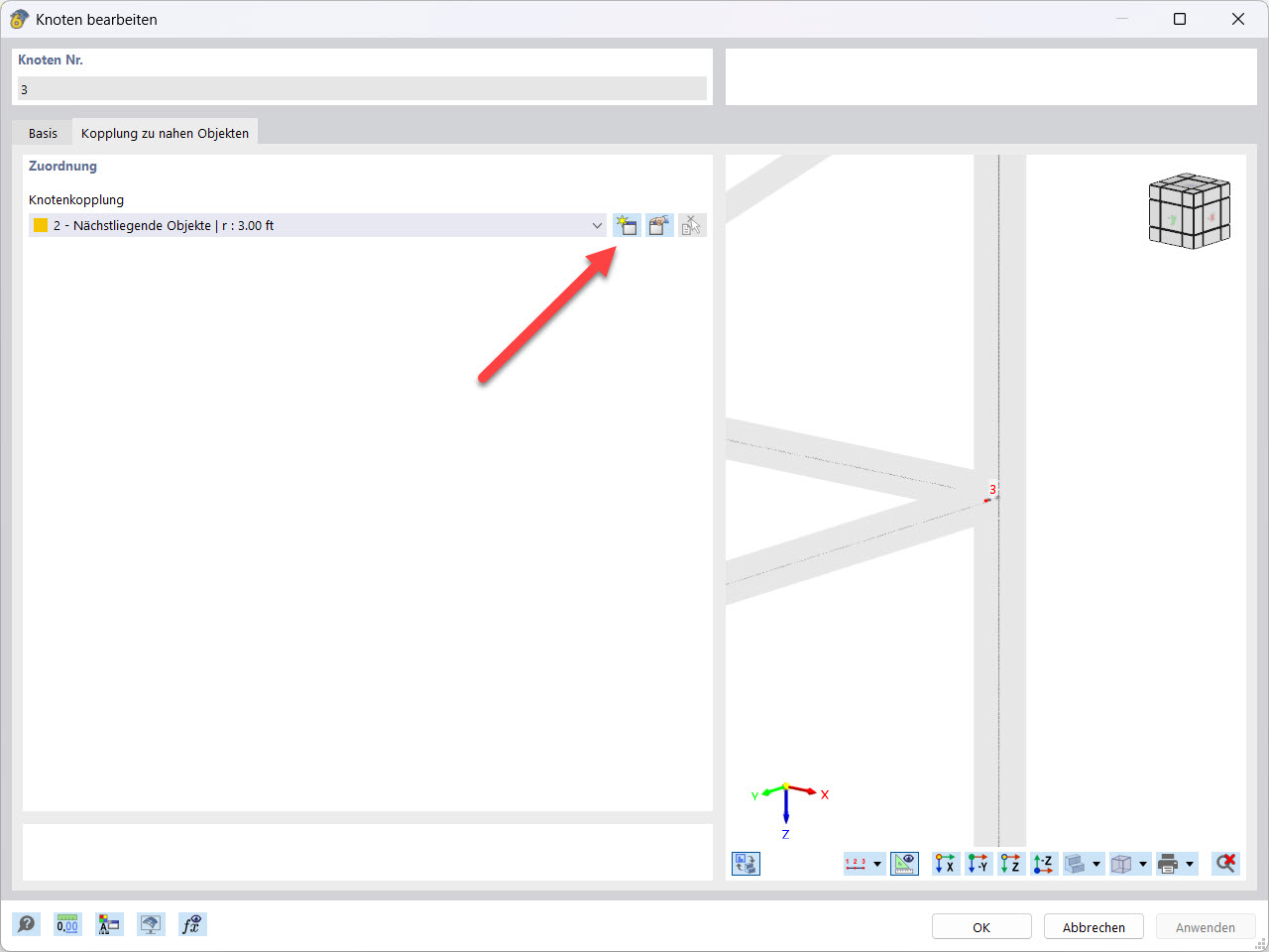 Knotenkopplung erstellen: Schrittweiser Prozess mit visuellem Hinweis im Bearbeitungsfenster.