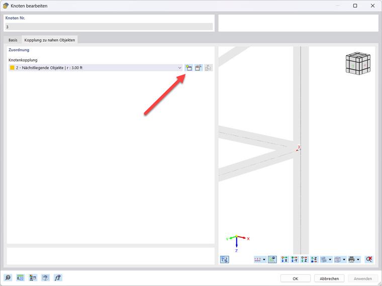 Knotenkopplung erstellen: Schrittweiser Prozess mit visuellem Hinweis im Bearbeitungsfenster.
