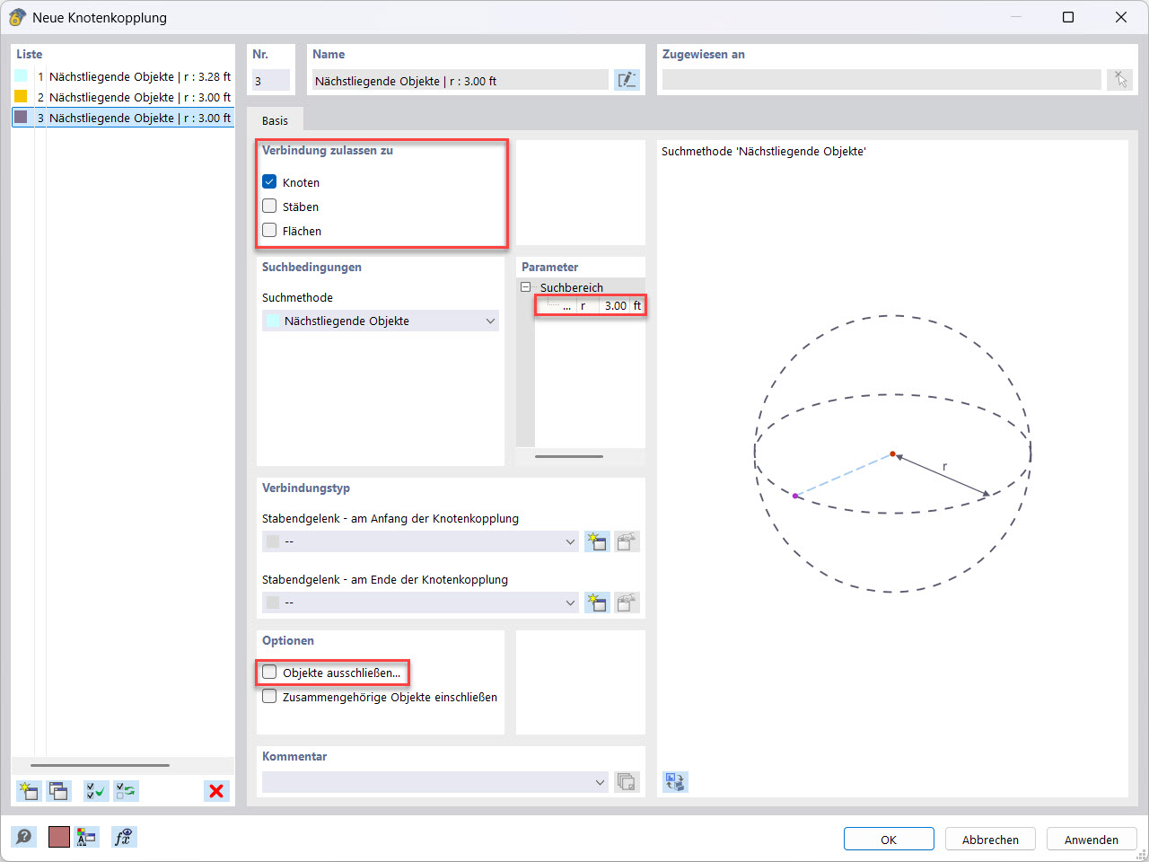 Einstellen der Knotenkopplung mit Optionen zur Modifikation und Anpassung in einem Bauwerksmodell.