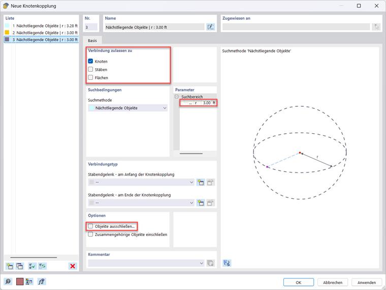 Einstellen der Knotenkopplung mit Optionen zur Modifikation und Anpassung in einem Bauwerksmodell.