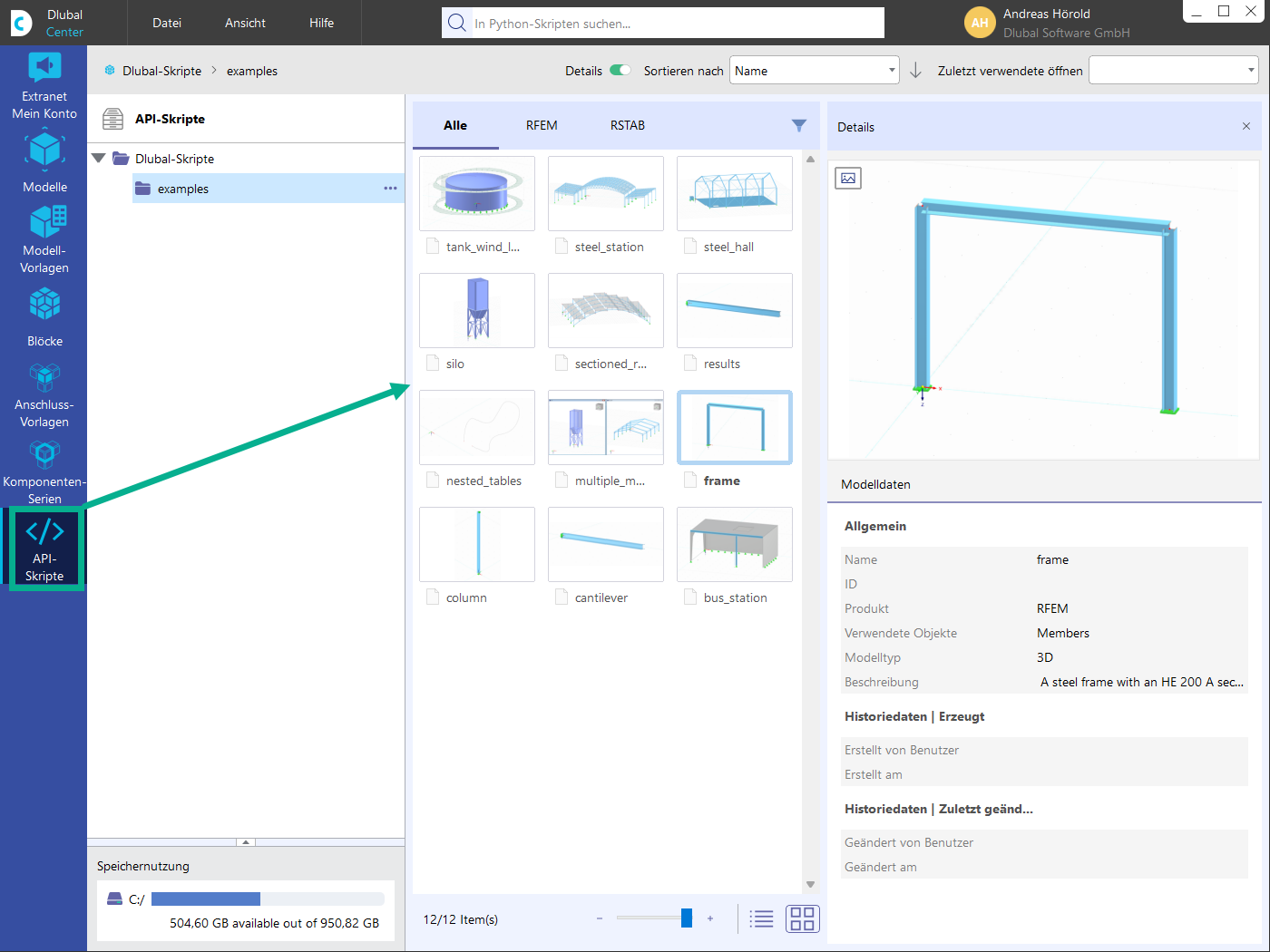 Detailansicht eines Kapitels im Dlubal Center mit API-Skriptbeispielen.