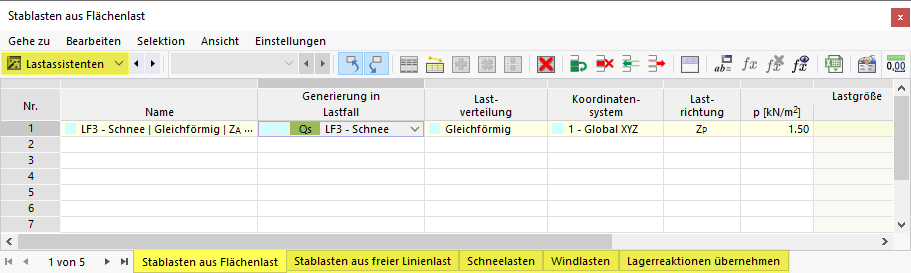 Lastassistenten in Tabelle
