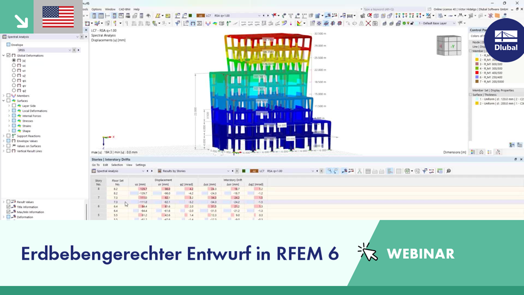 RFEM 6-Schnittstelle mit Darstellung der Funktionen zur Erdbebenbemessung bei der statischen Berechnung.