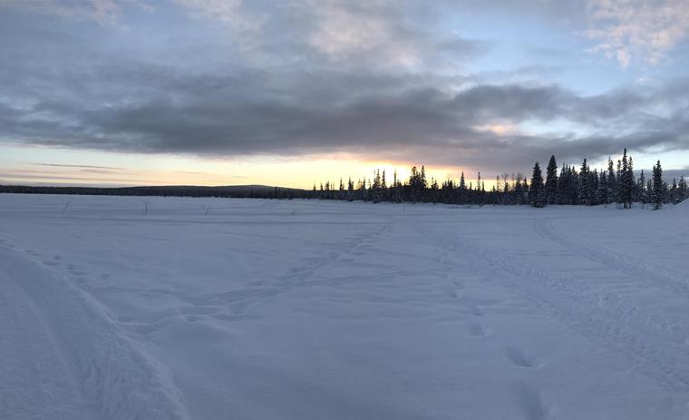 Verschneites Flussbett des Torne-Flusses in Lappland im Winter, Schweden.