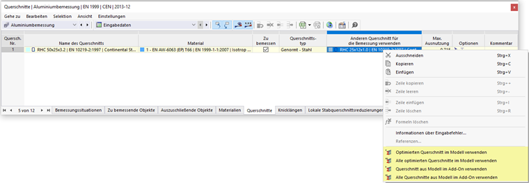 Kontextmenü mit Optionen zum Exportieren oder Importieren des Querschnitts