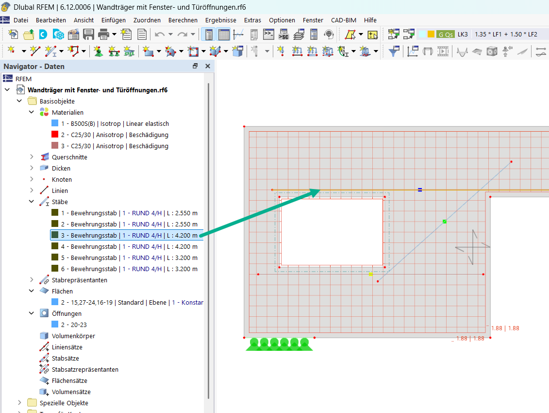 Ein Bewehrungsstab als Stabelelement innerhalb eines Flächenelements zur Simulation von Stahlbewehrung.