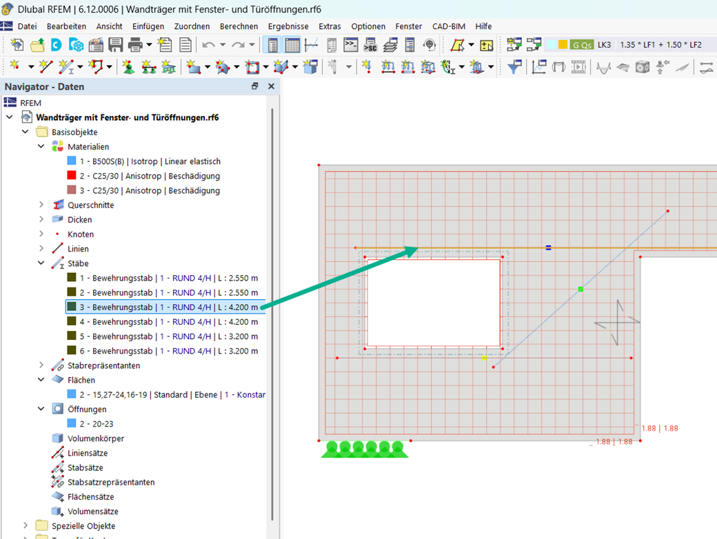 Ein Bewehrungsstab als Stabelelement innerhalb eines Flächenelements zur Simulation von Stahlbewehrung.