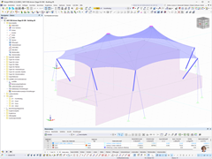 Detailaufnahme einer Stahl-Membranüberdachung mit klar erkennbaren Tragwerksstrukturen.