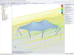 Simulationsdarstellung der Windlast auf eine große gebogene Membranstruktur in blau-rot Farbmuster.
