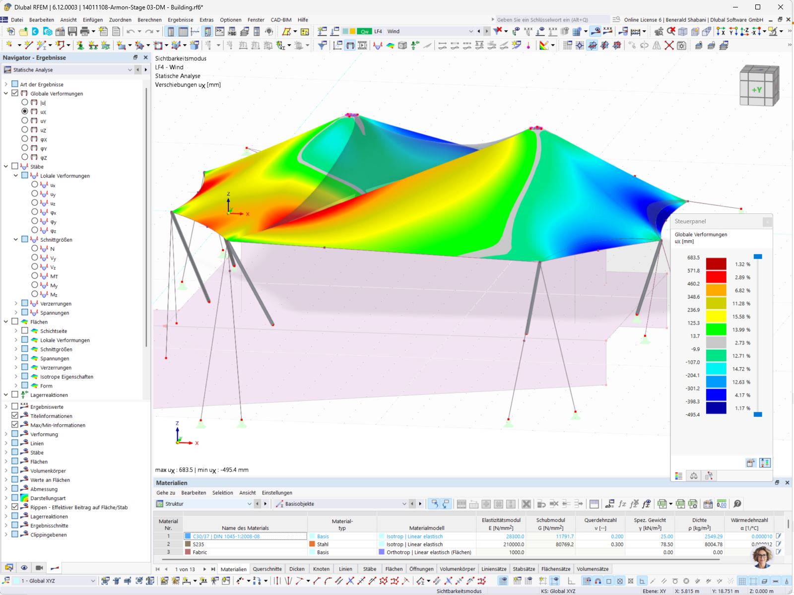 Analyse einer Membranüberdachung unter Windlast in RFEM mit Ergebnissen.