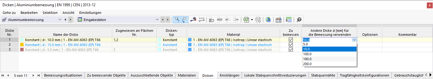 Andere Dicke für Bemessung auswählen