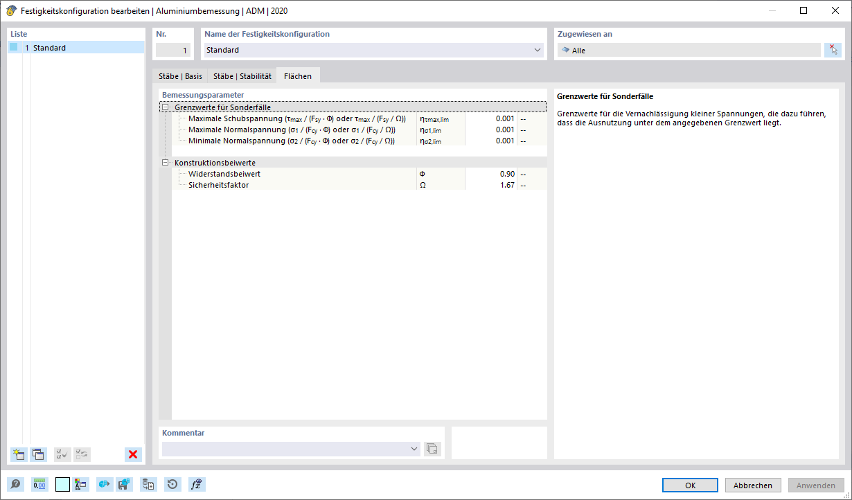 Dialog 'Festigkeitskonfiguration bearbeiten', Register 'Flächen'