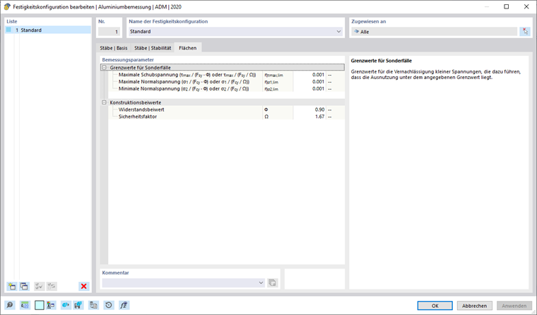 Dialog 'Festigkeitskonfiguration bearbeiten', Register 'Flächen'