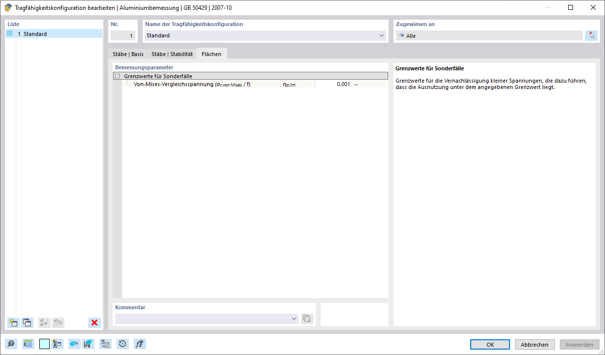 Dialog 'Tragfähigkeitskonfiguration bearbeiten', Register 'Flächen'