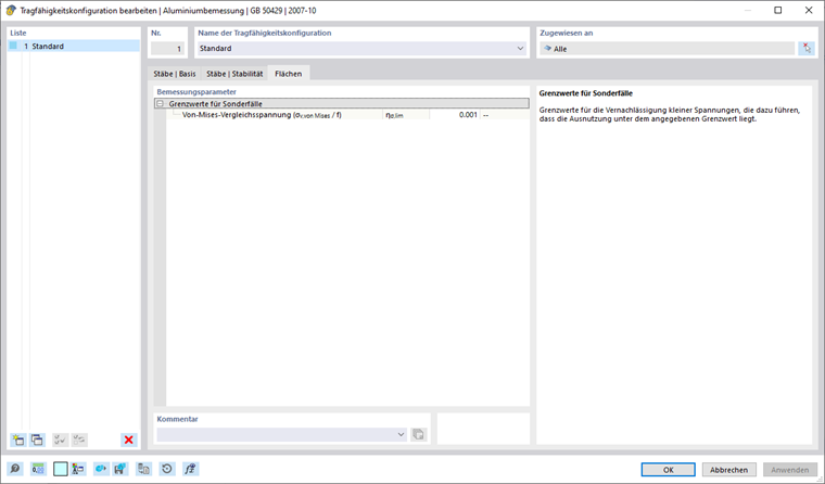 Dialog 'Tragfähigkeitskonfiguration bearbeiten', Register 'Flächen'
