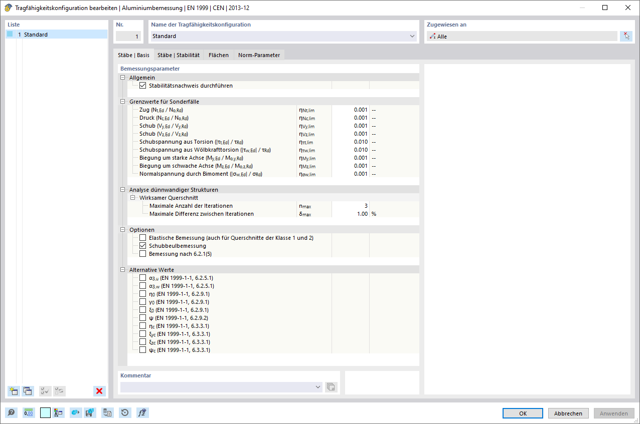 Dialog 'Tragfähigkeitskonfiguration bearbeiten', Register 'Stäbe | Basis'
