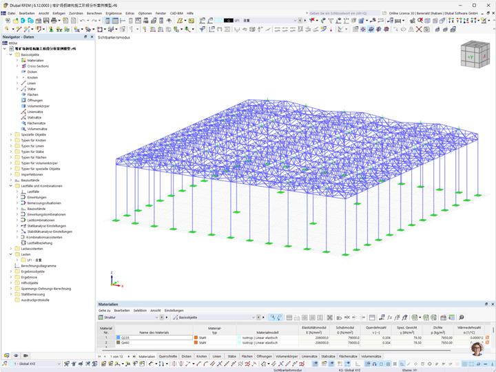 Computermodell einer Stahlhalle mit Fachwerkbindern, entworfen in RFEM für Ingenieuranwendungen.