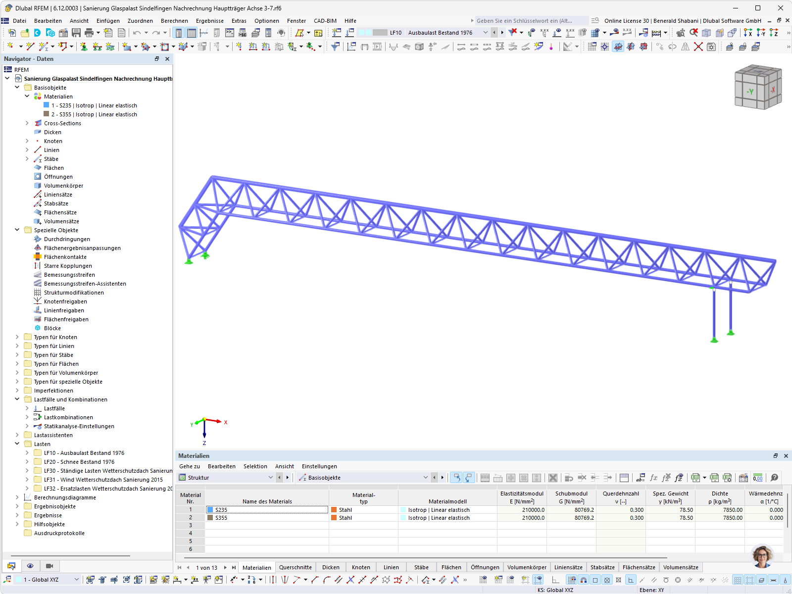 Detailansicht der Stahl-Dachkonstruktion des Glaspalastes dargestellt in RFEM.