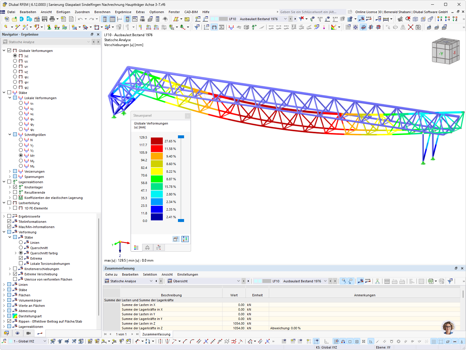 Verformungsdarstellung der Dachkonstruktion des Glaspalastes in RFEM durch IBK Prof. Kirsch.