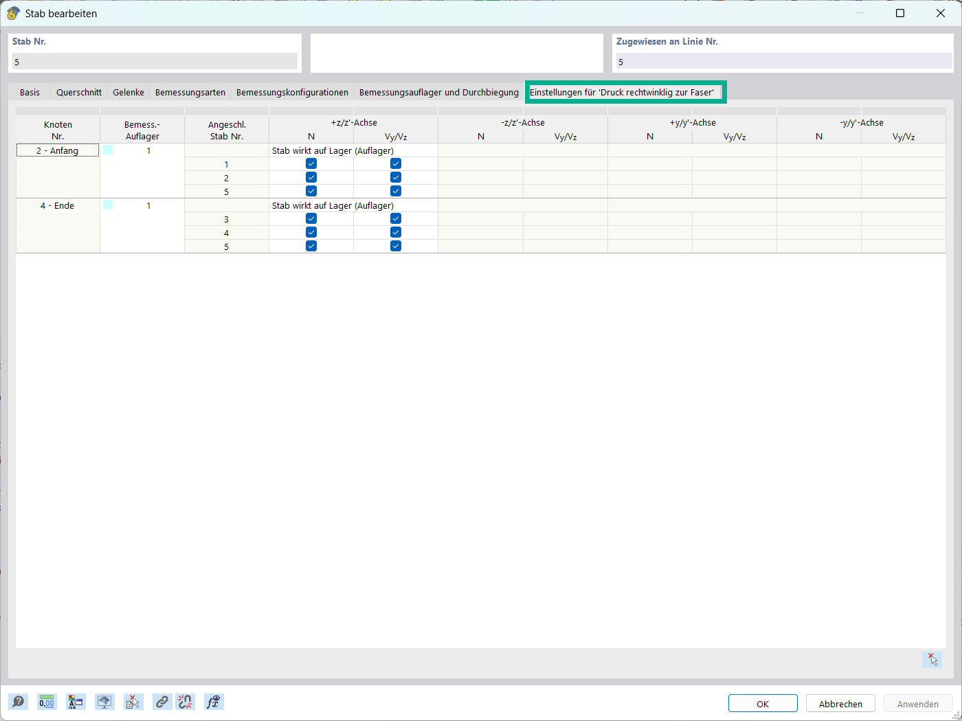 Einstellungen für Lasten in Druckrichtung rechtwinklig zur Faserrichtung der Stäbe. Optionen zur Schnittgrößenberücksichtigung.