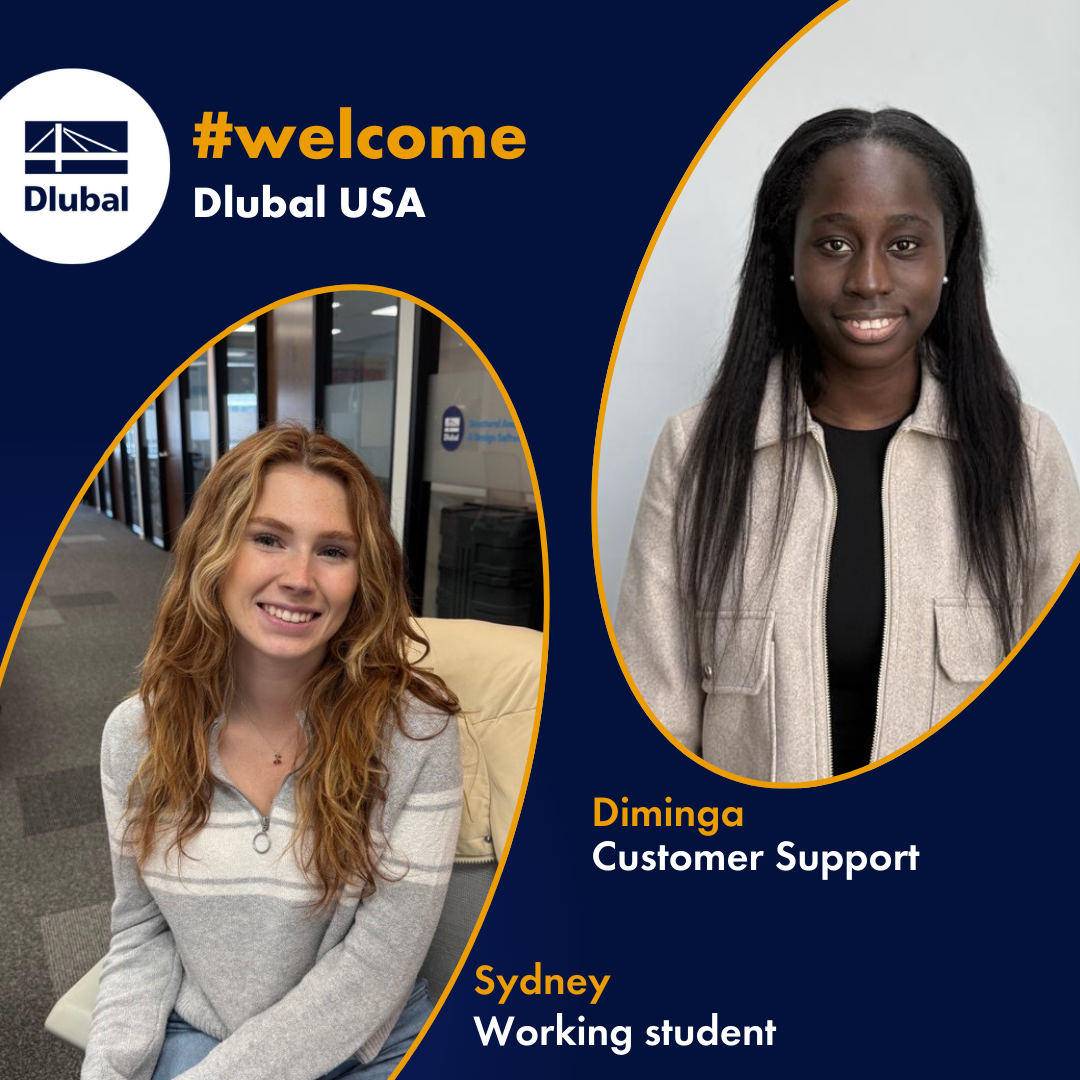 Dlubal USA welcome graphic showing two new female colleagues Diminga in Customer Support and Sydney as Working Student in corporate blue and yellow design
