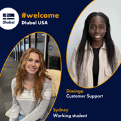 Dlubal USA welcome graphic showing two new female colleagues Diminga in Customer Support and Sydney as Working Student in corporate blue and yellow design