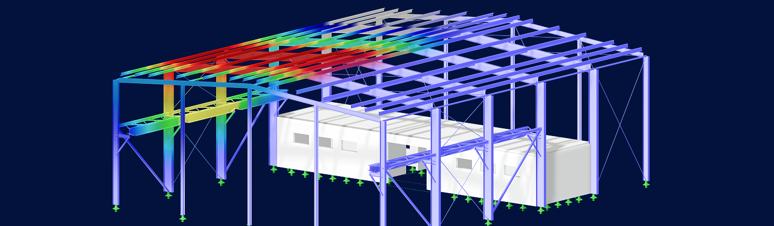 Statikdarstellung eines modernen Metallgebäuderahmens mit Schwerpunkt auf komplexen Verbindungen und Bauteilen.