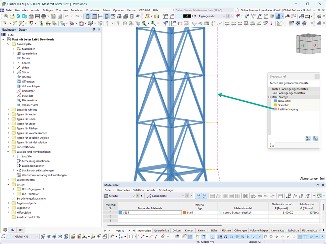 Illustration des Stabtyps 'Lastübertragung' für effiziente Zusammenarbeit von Strukturelementen in Baukonstruktionen.