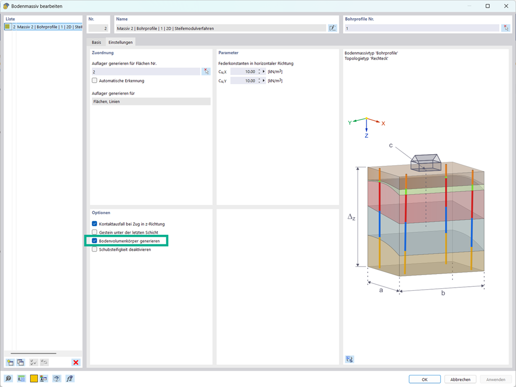 Option ‘Bodenvolumenkörper generieren’ im Steifemodulverfahren