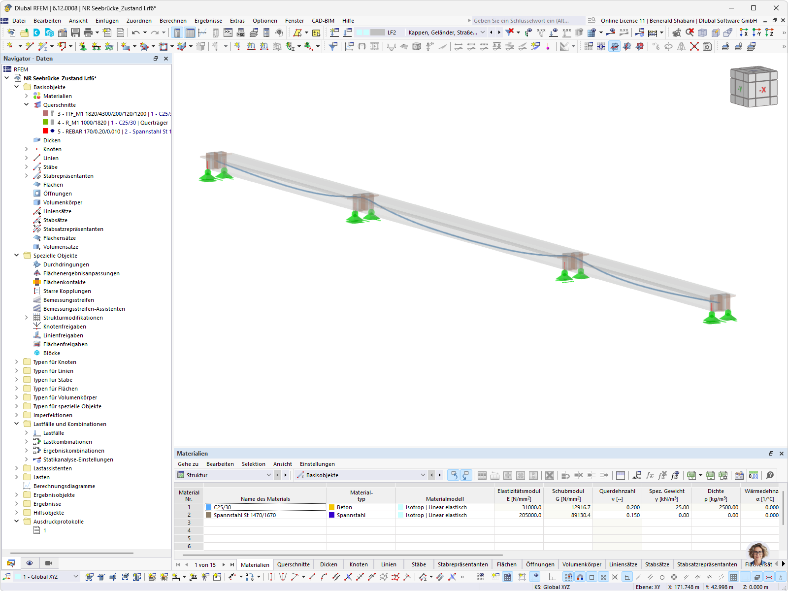 Berechnungsmodell einer vorgespannten Seebrücke inklusive Spannseile, erstellt mit der Software RFEM.