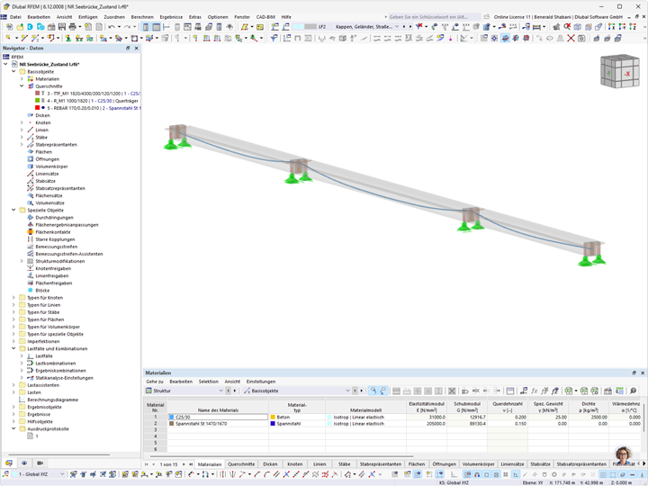 Berechnungsmodell einer vorgespannten Seebrücke inklusive Spannseile, erstellt mit der Software RFEM.