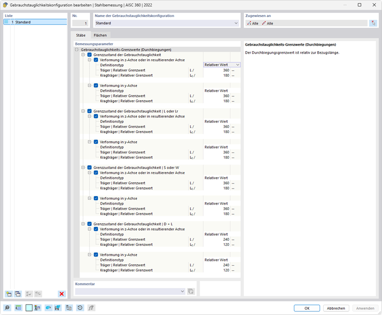 Dialog 'Gebrauchstauglichkeitskonfiguration bearbeiten' für Stahlbemessung nach AISC 360