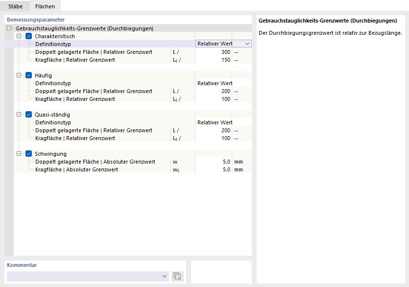 Register 'Flächen' für Gebrauchstauglichkeitskonfiguration nach EN 1993