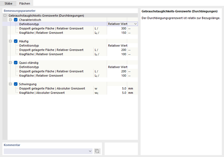 Register 'Flächen' für Gebrauchstauglichkeitskonfiguration nach EN 1993
