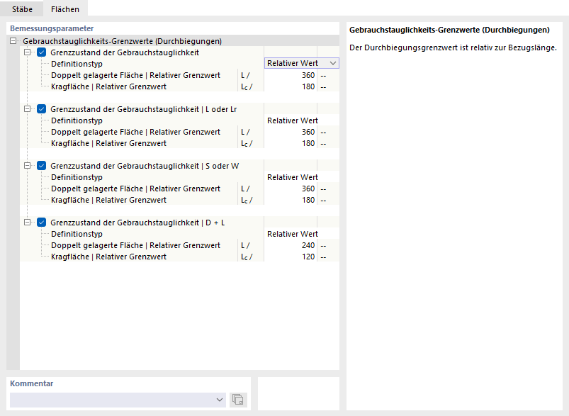 Register 'Flächen' für Gebrauchstauglichkeitskonfiguration nach AISC 360