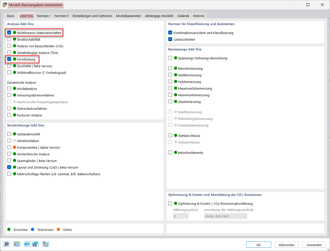 Bearbeitungsfenster für Modell-Basisangaben mit aktivierten Add-Ons für nichtlineares Materialverhalten und Formfindung.